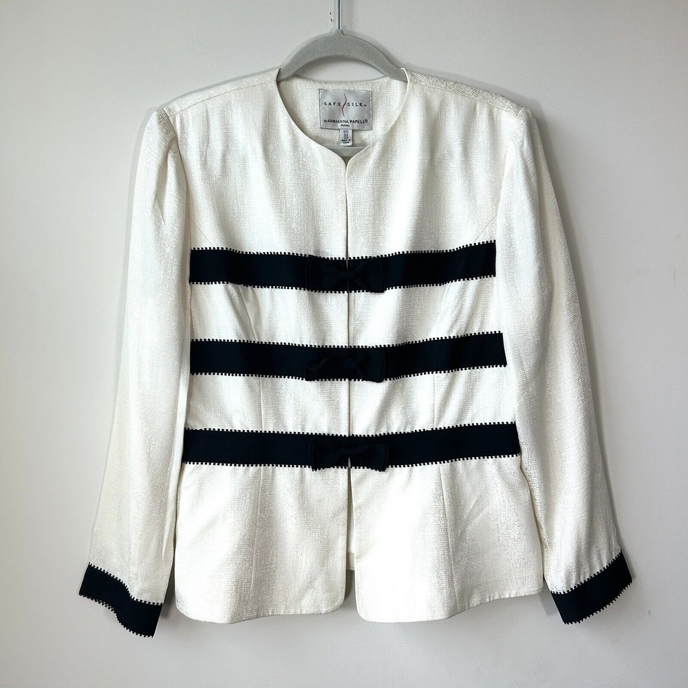 Vintage Safe Silk Adrianna Papell Petites Blazer Jacket 12P Ivory Black Bows